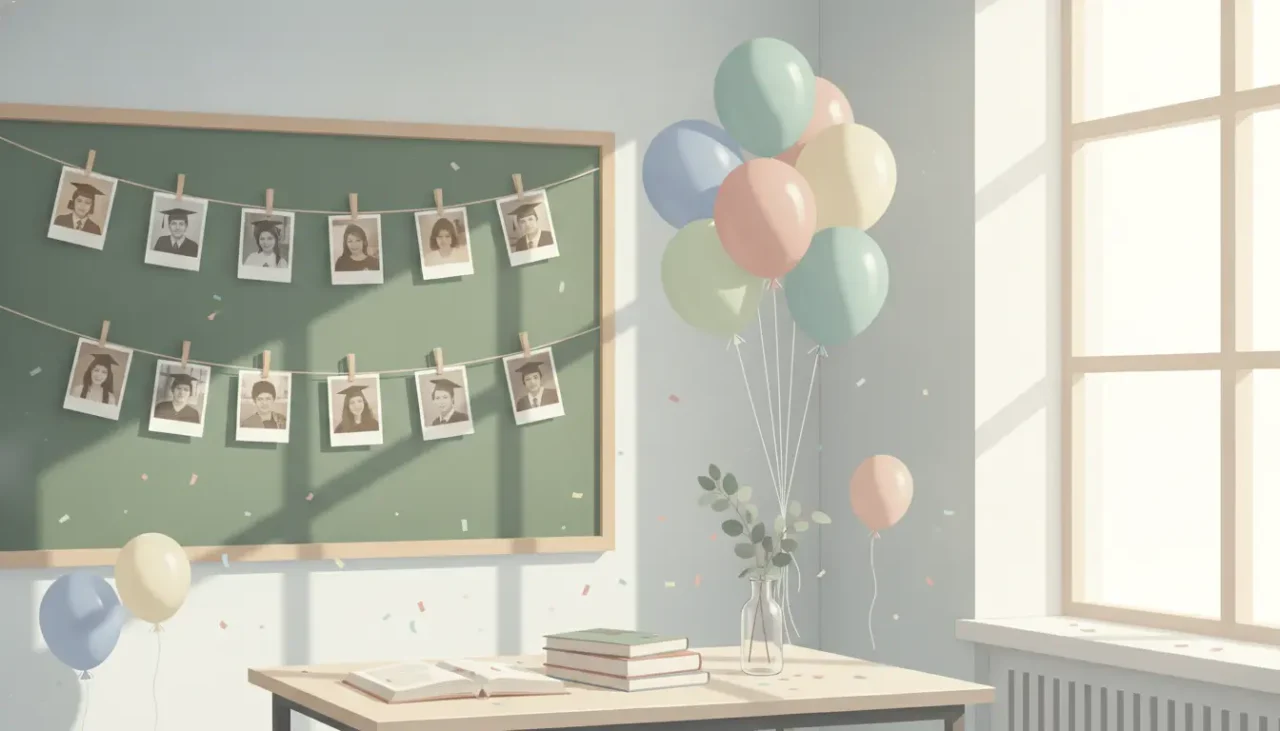 Góc lớp được treo dây ảnh kỷ yếu và bóng bay tone pastel